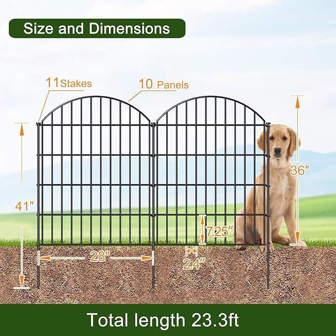 Metal Garden Fence 36in (H) x 23.3ft (L), 10 Panels + 11 Stakes Dog Fences Border Fence Animal Barrier, No Dig Garden Fencing for Yard Flower Bed Lawn Patio Outdoor, CTW3610 Black