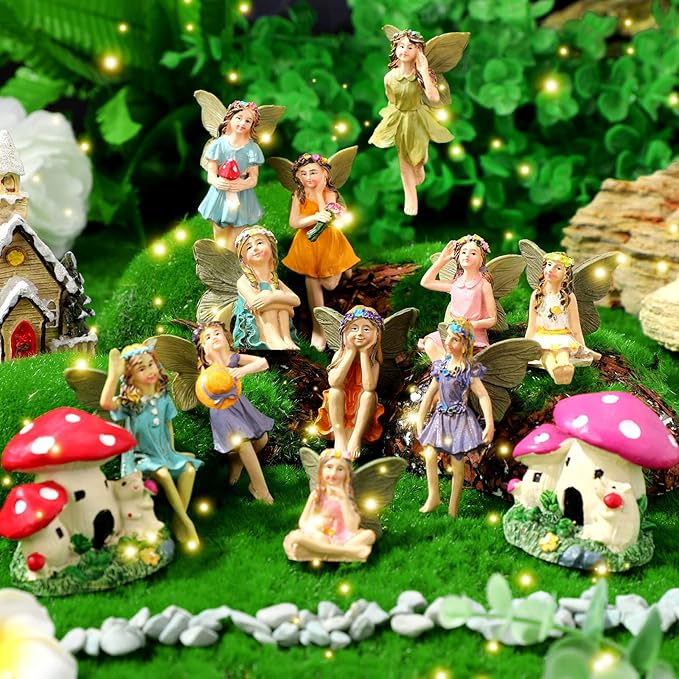 Fumete 13 Pcs Miniature Fairies & Mushroom House Figurines - Mini Garden Accessories for Outdoor Yard & Home Decoration