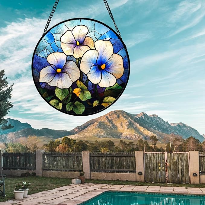 Stained Glass Window Hanging - Morning Glory Birth Flowers Suncatcher for Door Garden Yard Sun Catchers Decor Christmas Mother's Day Birthday Gifts for Women Mom Nana Friend Men 7.8 in