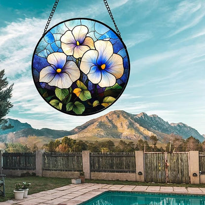 Stained Glass Window Hanging - Morning Glory Birth Flowers Suncatcher for Door Garden Yard Sun Catchers Decor Christmas Mother's Day Birthday Gifts for Women Mom Nana Friend Men 15 in