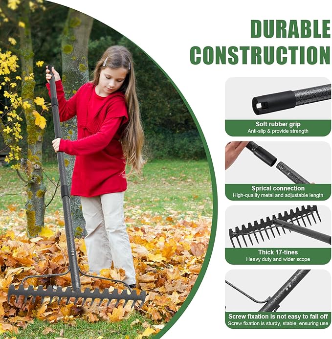 63'' Bow Rake ，17 Tines Metal Head Rakes with Stainless Steel Handle，Heavy Duty Garden Rakes for Loosening Soil Gathering Leaf Leveling Lawn Farming Land Management Yarn Thatch