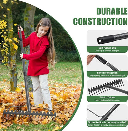 63'' Bow Rake ，17 Tines Metal Head Rakes with Stainless Steel Handle，Heavy Duty Garden Rakes for Loosening Soil Gathering Leaf Leveling Lawn Farming Land Management Yarn Thatch