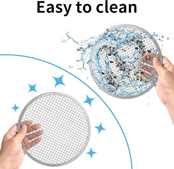 Soil Dirt Sifter for Gardening with 3pcs Interchangeable Mesh(3,6,9mm), Stainless Stackable Sifting Pan Soil Sand Rock Sieve for Dirt, Sand, Rock, Filtration, Compost with Soil Scoops (silver2)