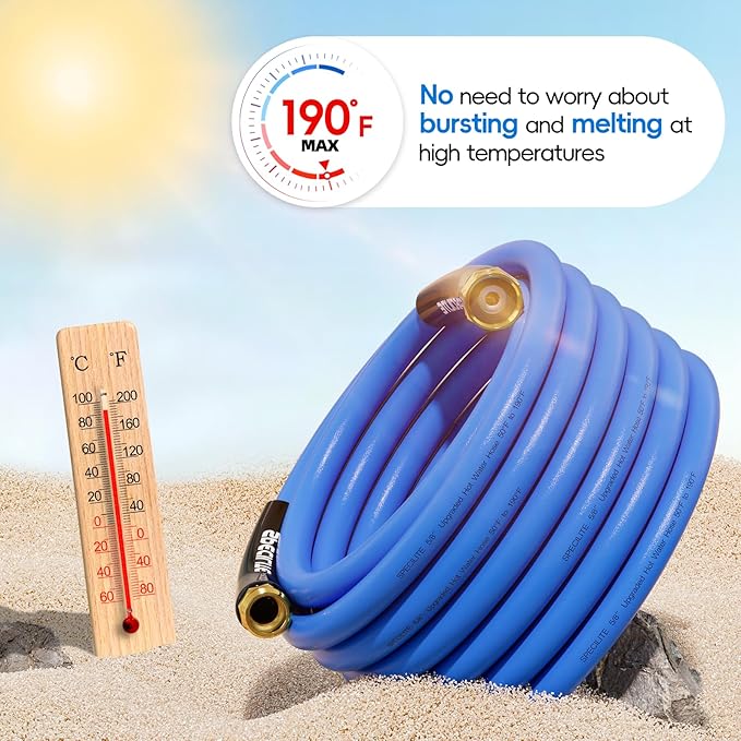 SPECILITE Hot/Cold Garden Water Hose 25 ftx 5/8 in, -50℉ To 190℉, Heavy Duty, Flexible, Burst 605 Psi, Lightweigh, Upgraded Rubber Pipe with 3/4" Brass Fittings For Backyard, Outdoor, Farm, Blue