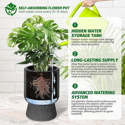 14.2" Tall Planters Set of 2, Plant Pots, Self Watering Pots for Indoor Plants, Flower Pots With Built-In Drainage and a Water Level Monitor, for Patio, Porch, Living Room, or Home Office, Black