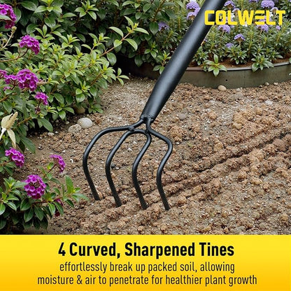 Colwelt 4 Tines Garden Cultivator Rake 59'', Hand Tiller Garden Tool with Sharp Forged Steel Head, Cultivators for Gardening with Long Handle, Garden Tiller for Digging Loosening Weeding