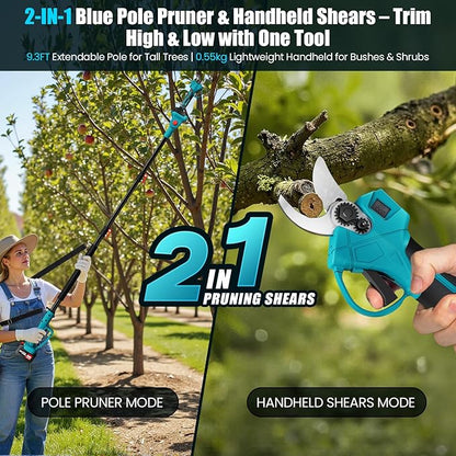 ANBULL 2-in-1 Pole Pruning Shears Cordless, 1.6" Cutting Diameter Cordless Pruner with 15.3FT Reach Extension Pole, Brushless Motor, 2×21V 4.0Ah Battery Powered Pole Pruner for Tree Trimming Garden
