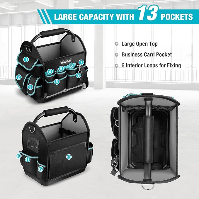 DURATECH 12 Inch Tool Tote with Waterproof Hard Bottom, Electrician Tool Bag with Rotating Handle, Open Top Tool Bag Wide Mouth Multi-Pockets, Tool Carrier for Mechanic Plumber Electrician HVAC