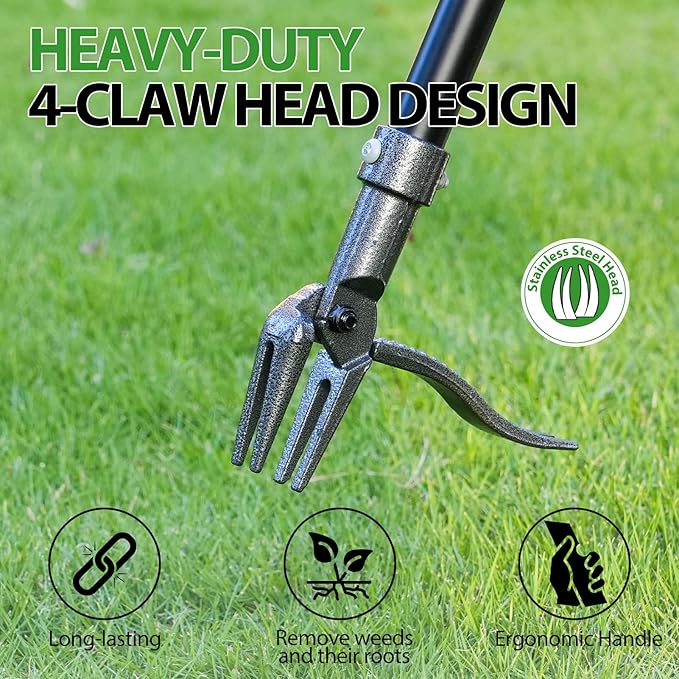 Weed Puller, Stand Up Weed Puller Tool with Steel Long Handle & 4-Claw Steel Head, 46" Adjustable Handle Weeder Tool, Easily Remove Weeds Root Without Bending, Pulling, or Kneeling