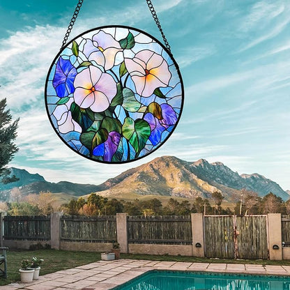 Stained Glass Window Hanging - Morning Glory Flowers Suncatcher for Door Yard Wildflowers Sun Catchers Decor Christmas Mother's Day Birthday Gifts for Women Mom Nana Friend Men 7.8 in
