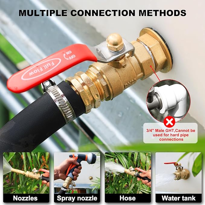 Garden Hose Brass Shut Off Valve Full Flow, No Restricted-Flow Water Shut-Off Connector, 3/4" GHT x 3/4" GHT Garden Hose Full Port Ball Valve Adapter (Long Handle)