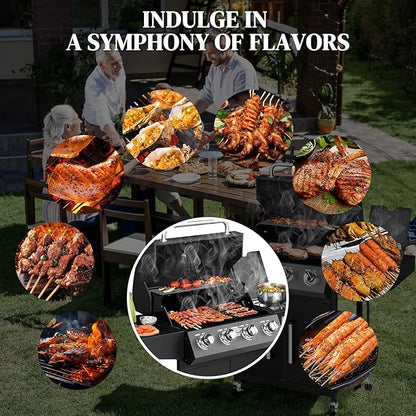 ROVSUN 4-Burner Propane Gas BBQ Grill with Side Burner & Enameled Cast Iron Grates, 58,000 BTU Barbecue Grill with Wheels for Outdoor Patio Backyard Cooking Grilling, Black