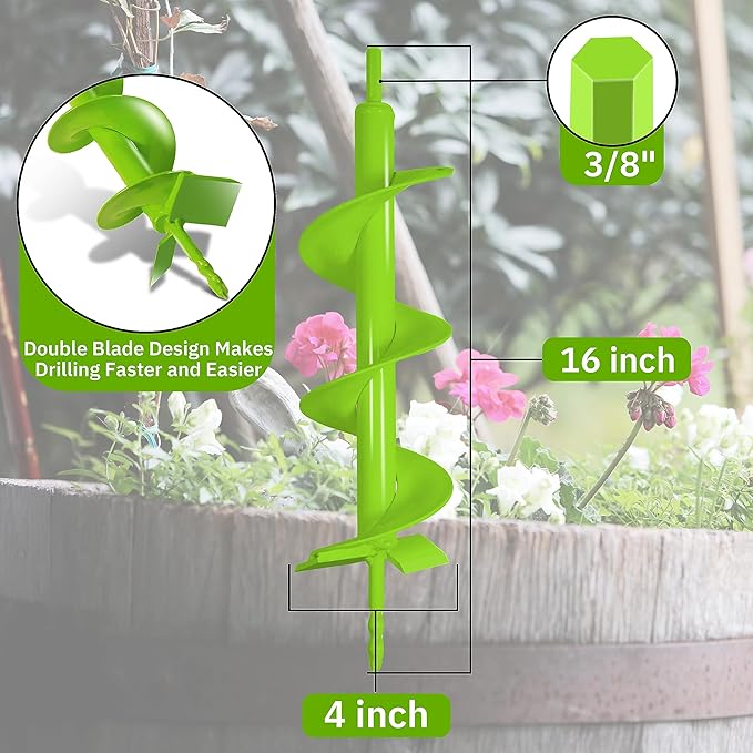 Upgraded Garden Auger Drill Bit 4 x 16”,Double Blade Heavy Duty Garden Auger Bit,Ice Drill Auger-3/8" Hex Drive Drill, for Planting Bulb & Bedding Plant Augers