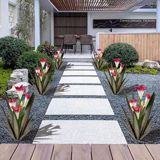 Homight Metal Agave Plant Outdoor Decoration Lily Mexican Yard Art Garden Gift Home Decor Hand Painted Metal Agave Garden Yard Statue, Outdoor Lawn Ornaments(3 Big Red Lilies)