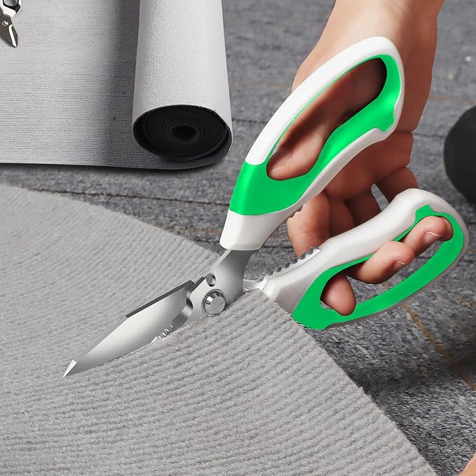 8-Inch Utility Scissors All Purpose Heavy Duty, Serrated Blade, Green Comfort Grip for Cutting Carpet, Cardboard, Leather, Fabric, Multipurpose Sharp Shears for Kitchen, Garden, Office, Carft