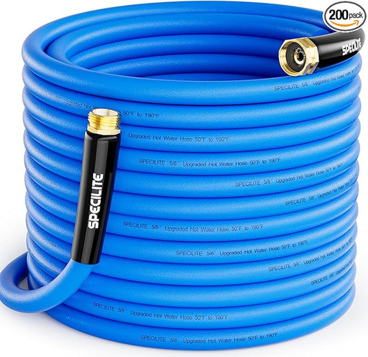 SPECILITE Hot/Cold Garden Water Hose 200 ftx 5/8 in, -50℉ To 190℉, Heavy Duty, Flexible, Burst 605 Psi, Lightweigh, Upgraded Rubber Pipe with 3/4" Brass Fittings For Backyard, Outdoor, Farm, Blue