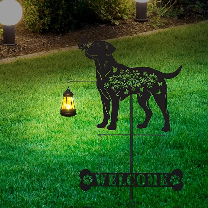 Labrador Metal Garden Stakes Yard Decor with a Lantern, Black Labrador Silhouette Statues Garden Decorative Gifts for Yard Art, Patio, Outside, Lawn Ornaments, Christmas, Backyard