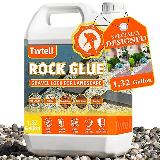 Rock Glue, 1.32 Gallon Mulch Glue for Landscaping, Gravel Binder & Decomposed Granite Stabilizer, Non-Toxic Long-Lasting Dries-Clear Strong Pea, Mulch Lock and Pea Gravel Stabilizer for Garden Border