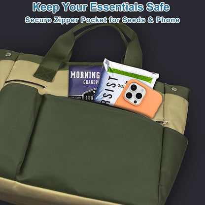 Garden Tool Bag Organizer, Gardening Tote Storage Bag with Zippers Pockets (Tools NOT Included), Green