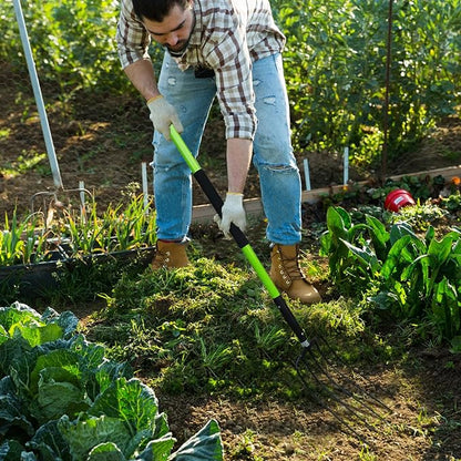 Pitch Fork-57 Inch，5-Tine Steel Garden Fork Heavy Duty, Mulch with Cushion Grip, Green Fiberglass Handle