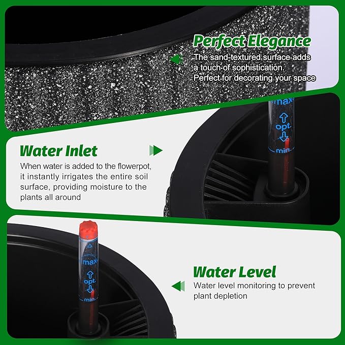 14.2" Tall Planters Set of 2, Plant Pots, Self Watering Pots for Indoor Plants, Flower Pots With Built-In Drainage and a Water Level Monitor, for Patio, Porch, Living Room, or Home Office, Black