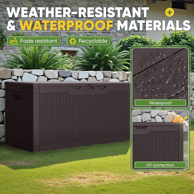 Greesum Outdoor Storage Box 100 Gallon Storage Bin with Lid for Patio Furniture, Garden Tools, Pool Supplies, Lockable, Waterproof and UV Resistant, Dark Brown