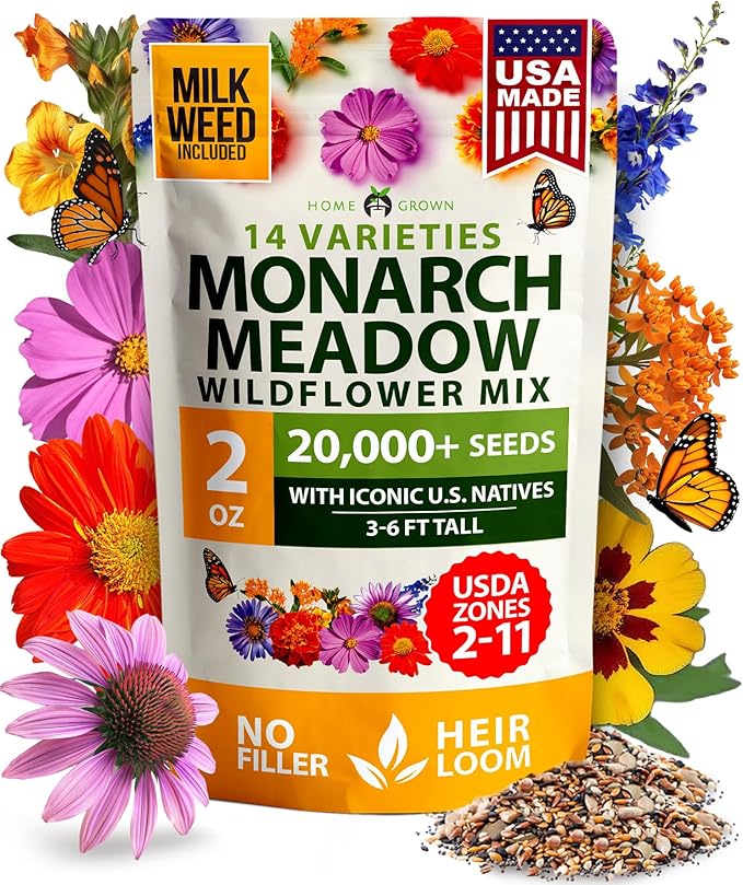 HOME GROWN Cosmos Flower Seeds 8,000 & Premium Monarch Butterfly Wildflower Seeds Mix 20000