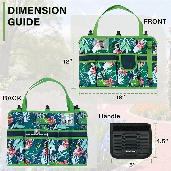 KUNN Bucket Tool Organizer 5 Gallon 18-Pocket Gardening Tool Bag with Hangable Handle | Garden Caddy & Bucket Accessory, Green