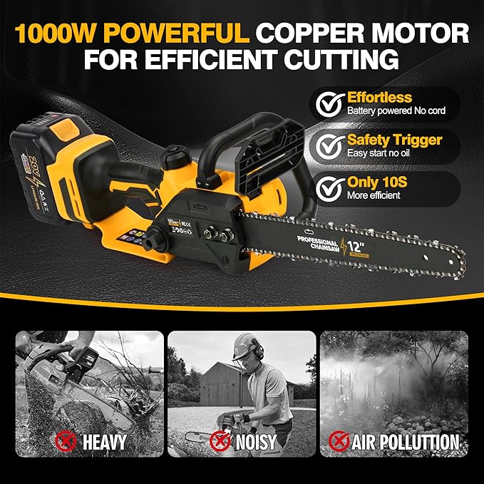 12" Electric Chainsaw Cordless, 20V Battery Powered Cordless Chain Saw, Chainsaw with 2 x 4.0Ah Lithium ion Battery and Charger for Wood Cutting, Tree Trimming and Branch Pruning