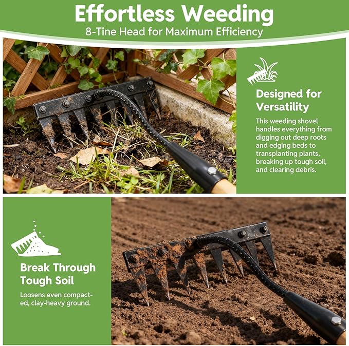 Weed Puller Tool with Long Handle - Made with Real Bamboo,8 Tines Steel Head with Weeding Rake，Gardening Hand Uprooting Weeding Tool for Removing Weeds, Loosening Soil, Cleaning Flower