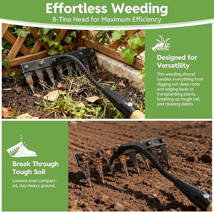 Weed Puller Tool with Long Handle - Made with Real Bamboo,8 Tines Steel Head with Weeding Rake，Gardening Hand Uprooting Weeding Tool for Removing Weeds, Loosening Soil, Cleaning Flower