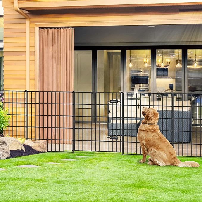 Metal Garden Fence with Gate 33.3in (H) x 23.3ft (L), 1 Gate + 9 Panels Dog Fence Border Fence Animal Barrier, No Dig Garden Fencing for Yard Flower Bed Lawn Patio Outdoor, PIN332810G Black