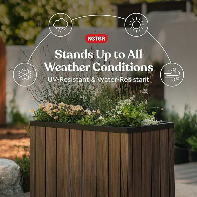 Keter Signature 21.7 Inch Tall Rectangular Large Wood Look Planter for Indoor or Outdoor Flower Pot Ideal for Patio Deck and Front Porch Decor, Rosewood