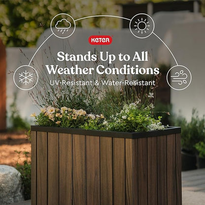 Keter Signature 21.7 Inch Tall Rectangular Large Wood Look Planter for Indoor or Outdoor Flower Pot Ideal for Patio Deck and Front Porch Decor, Rosewood