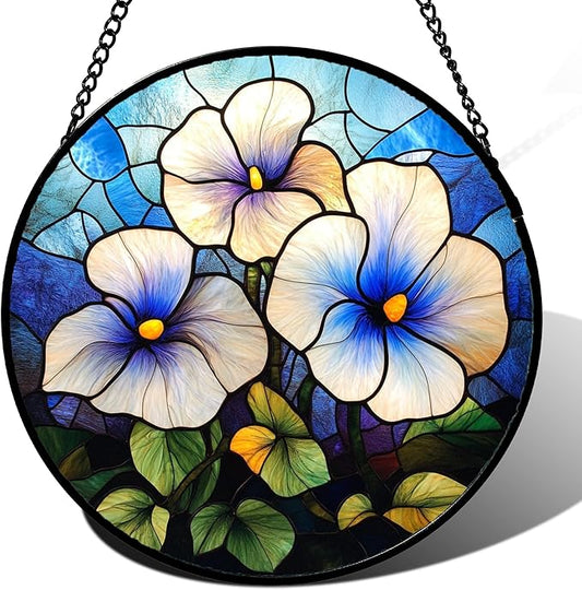 Stained Glass Window Hanging - Morning Glory Birth Flowers Suncatcher for Door Garden Yard Sun Catchers Decor Christmas Mother's Day Birthday Gifts for Women Mom Nana Friend Men 11.8 in