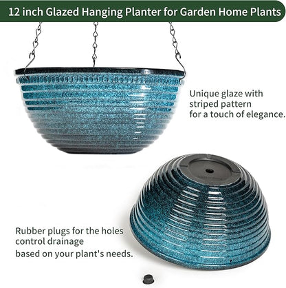 12 inch Hanging Planters for Indoor Outdoor Plants, 2 Pack Large Hanging Flower Pots with Drainage Holes and Chain, Glazed Hanging Baskets for Home Garden Decoration, Blue