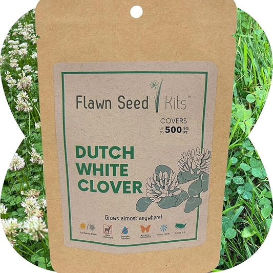 Flawn Seed Kits White Dutch Clover Seed, 2.2 Oz, Organic Coated, Natural Lawn, Ground Cover, Hunting Food Plot, Covers up to 500 SqFt