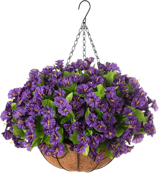 Artificial Hanging Flower Plants with Basket for Spring Summer Outdoor Decoration, Faux Petunias Flowers Fake Morning Glories Planter for Outside Patio Garden Porch Balcony Yard Decor(Purple)