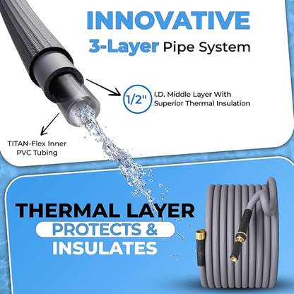 TITAN Garden Hose | Flexible, Lightweight, Kink-Free & Durable Hybrid Water Hose with Heavy Duty Brass Connectors & High-Pressure Jet Nozzle (75FT x 1/2”)
