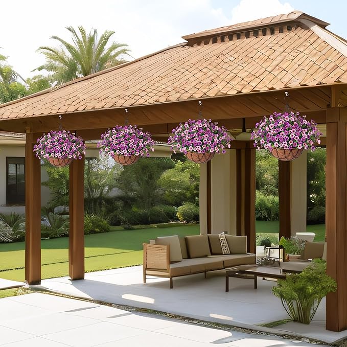 Artificial Silk Flowers Hanging Basket for Outdoor Indoor, Daisy with Eucalyptus Leaves Arrangement for Garden Yard Spring Decor, Faux Green Plant in Metal Coconut Lining Pot(Purple Pink)