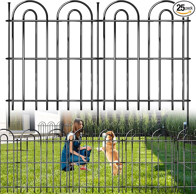 25 Panels Decorative Garden Fence, 32 in(H) X 50 ft(L) No Dig Dog Fence Outdoor for Yard, Rustproof Tall Metal Garden Fencing Animal Barrier with Ground Stakes, Temporary Fencing for Patio Outdoor