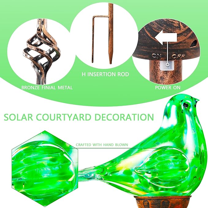Decorative Solar Lights, Outdoor Solar Bird Stake Lights, Hand Blown Glass Decorative Garden Pathway Lights Outdoor Waterproof Glass Stakes (Green)