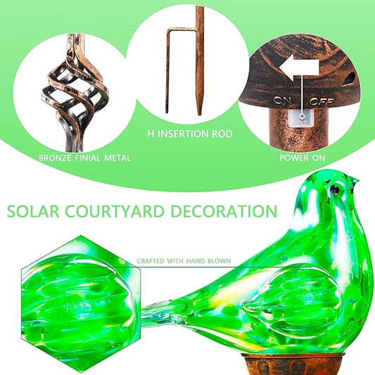 Decorative Solar Lights, Outdoor Solar Bird Stake Lights, Hand Blown Glass Decorative Garden Pathway Lights Outdoor Waterproof Glass Stakes (Green)