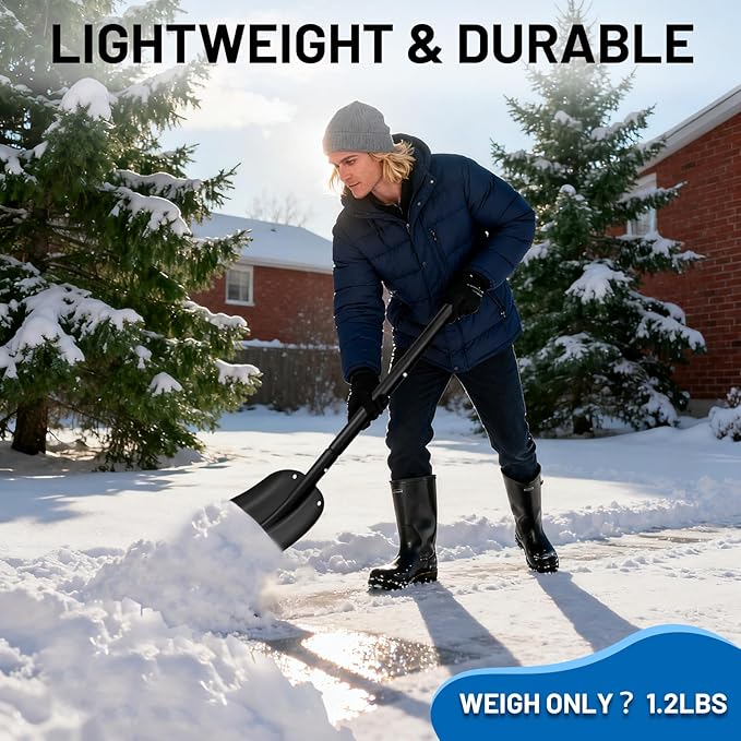 Snow Shovel & Ice Scraper Set – 32in Collapsible Snow Shovel with Folding Aluminum Shaft, Compact Heavy Duty 75lb Shovel + Silicone Ice Scraper with EVA Handle for Car, Travel & Outdoor Winter Use