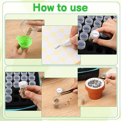 XLSXEXCL120 Slots Seed Storage Organizer Sturdy Seed Organizer Storage Box Plastic Storage Containers, Label Stickers, Funnel, Straight and Curved Tip Tweezers for Flower Vegetable Plants Garden