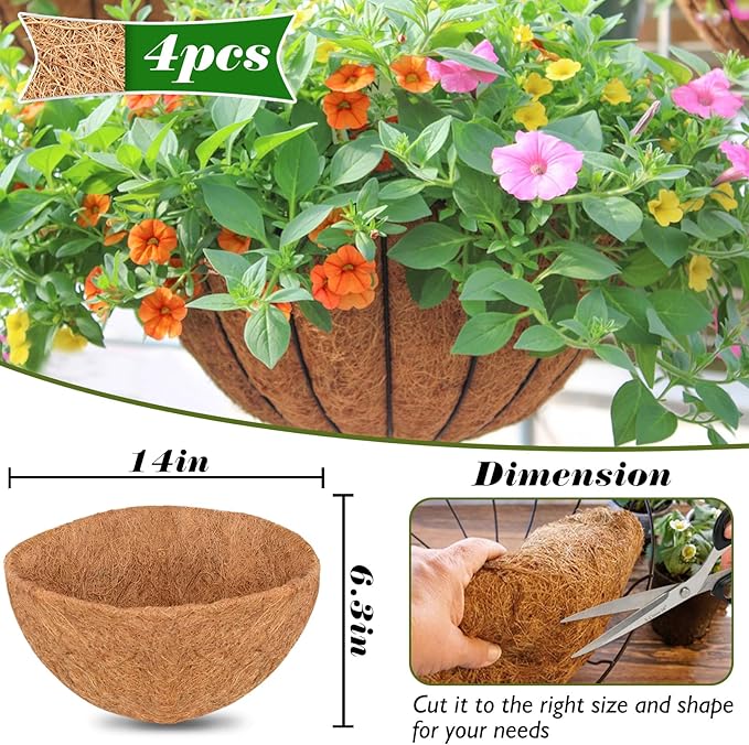 ZeeDix 4Pcs 14 Inch Coconut Liners for Planters, Round Hanging Basket Liners 100% Natural Coco Coir Basket Coco Replacement Liners for Hanging Basket Planters Flowers Vegetables(14in-4pcs)