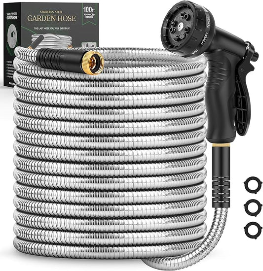 Garden Hose 100 FT, Metal Stainless Steel Water Hose with 10 Function Nozzles, No Kinks, Flexible Hose, Lightweight, Puncture Proof, Heavy Duty Hose for Yard and Outdoor