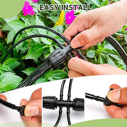 100FT 1/4 Inch Drip Irrigation kit Tubing Distribution Hose Tube for Garden Drip Irrigation System (Includes 2 Pack 6-Way Connector and 20pcs 1/4" Tee Splitters and End Plugs)
