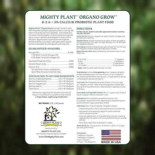 Organic Probiotic Plant Food – Fast-Acting with Microbes & Amino Acids 8-2-6 + 3% Calcium for All Garden Types Organo Grow | Boost Growth & Health (1, Pounds)