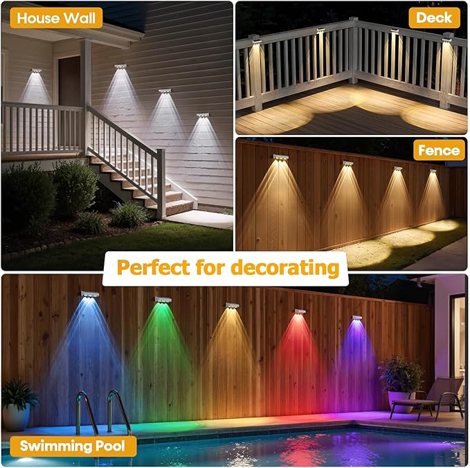 NIORSUN Solar Fence Lights,8 Pack Solars Deck Light,RGB Color,Outdoor Bulb Waterproof Led IP65,Outdoor Fence Light,Power Patio Lamp with Lenses for Outside/Backyard/Railing/Yard(White)